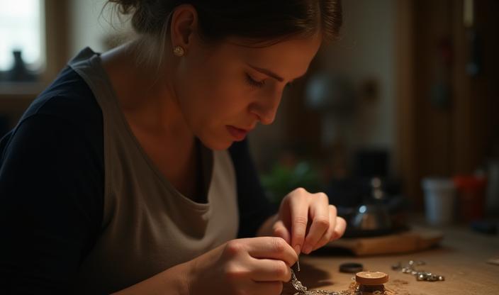 Artesana creando una joya cuidadosamente en su taller