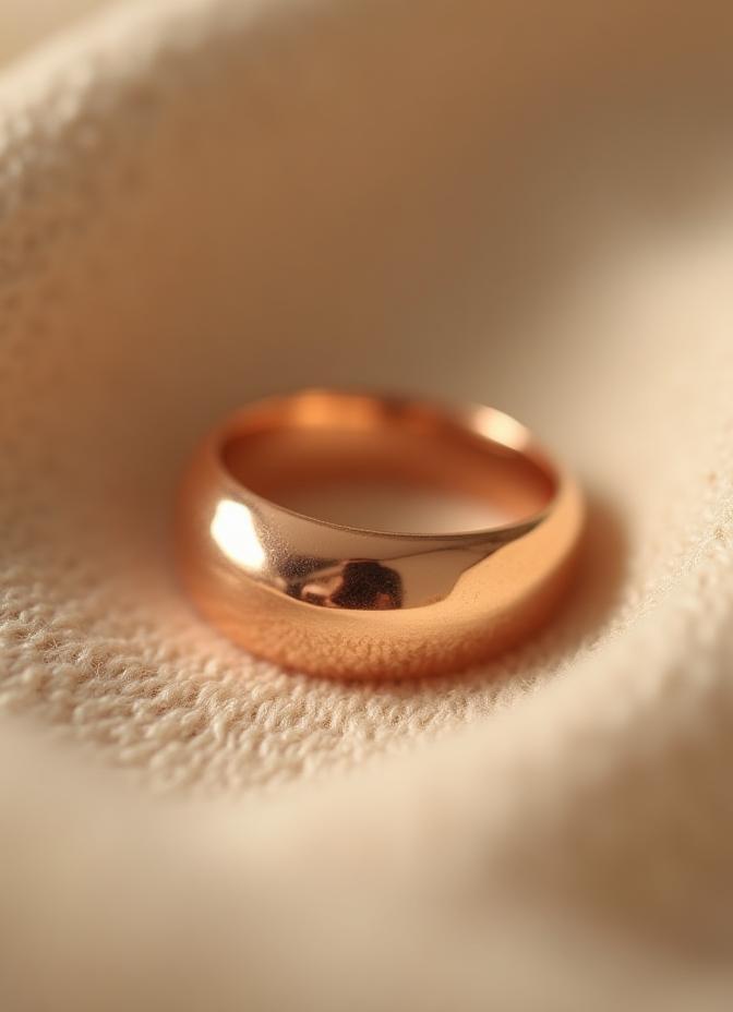 Anillo de oro rosa artesanal sobre tela cruda